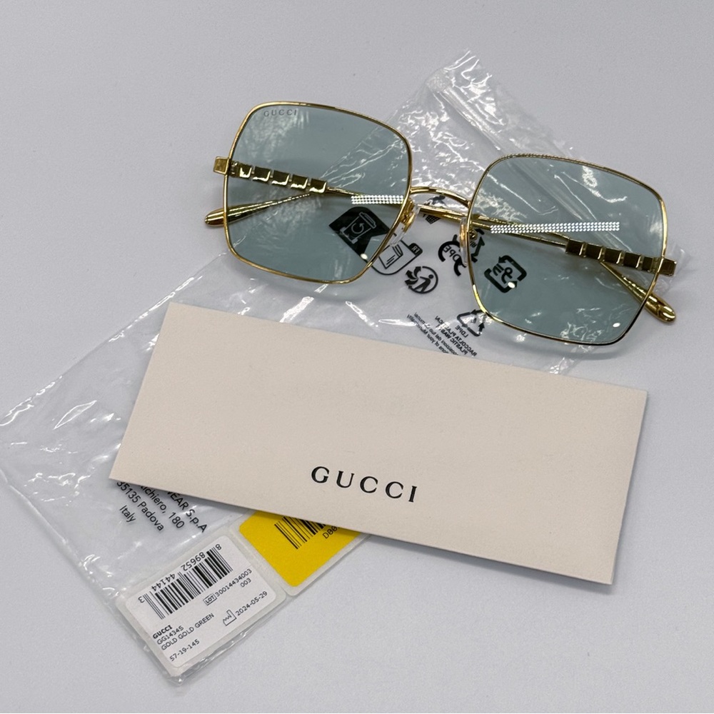 NEW GUCCI GG1434S 003 SQUARE GOLD GREEN WOMEN SUNGLASSES GUCCI - Picture 11 of 12